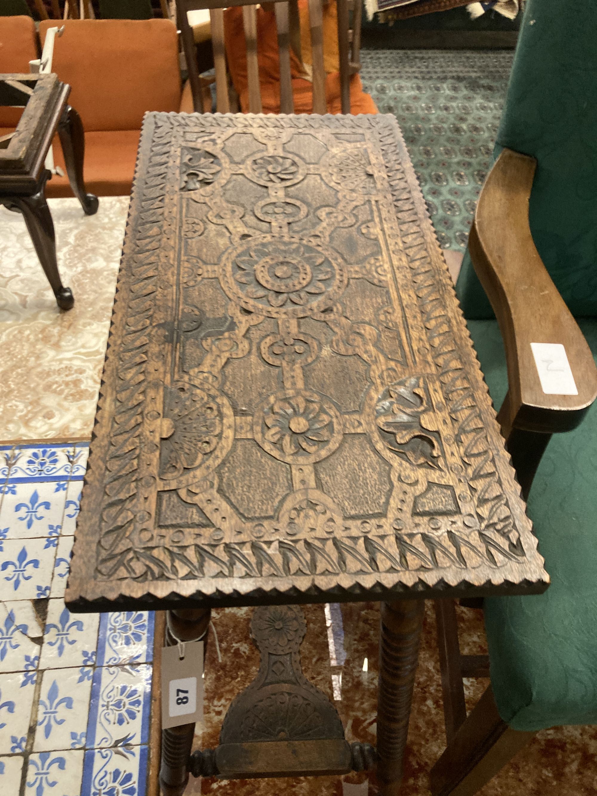 A carved rectangular bobbin leg occasional table, width 30cm height 62cm